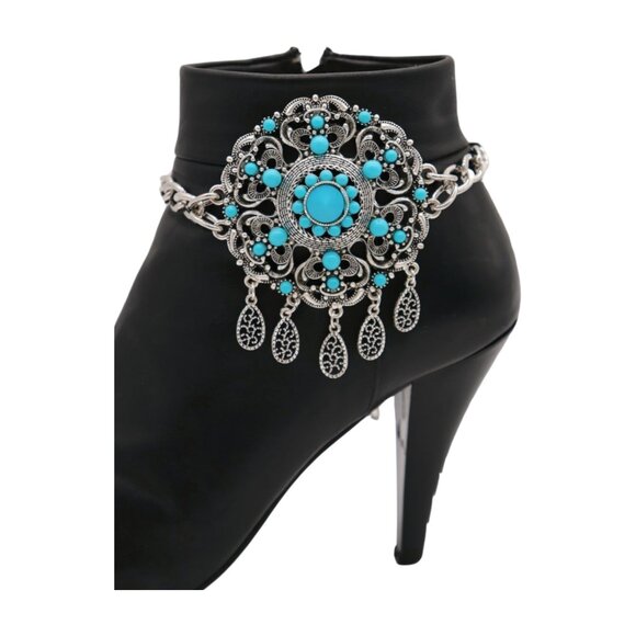 Women 2PCS Silver Metal Boot Chain Bracelet Shoe Anklets Turquoise Flower Ethnic - Picture 3 of 17